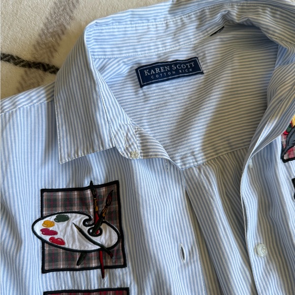 Karen Scott Striped Button-Up Shirt with Colorful Embroidered Patches- The Arts - Picture 3 of 5